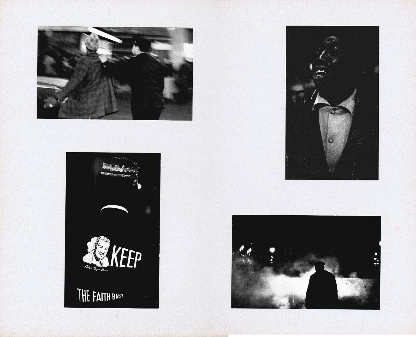 33. Beuford Smith, I Have a Dream: The Assassination of Martin Luther King, Jr., April 5, 1968. Four photographs mounted on white board. Features a man being arrested, a young man crying, a man wearing a jacket that reads &quot;Keep the faith, baby,&quot; and a figure silhouetted against clouds of smoke.