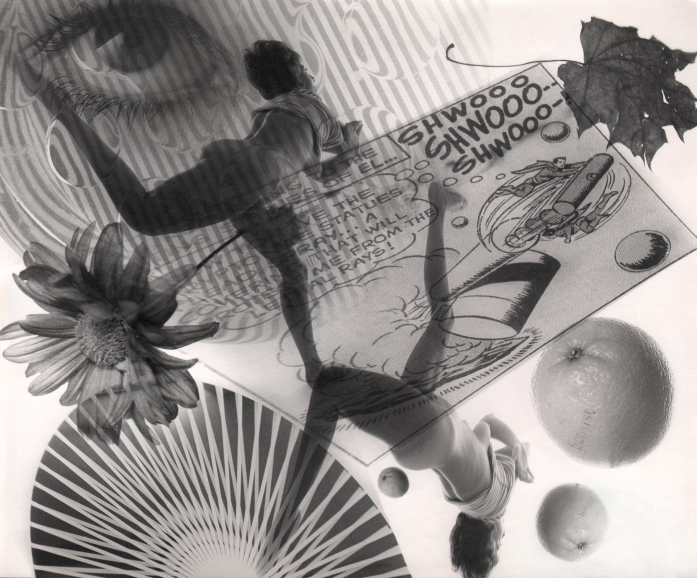 17. David Attie, Untitled Montage, c. 1965. Composite photo featuring two images of a woman in a leaping pose, fruits, flowers and leaves, an eye, and more.