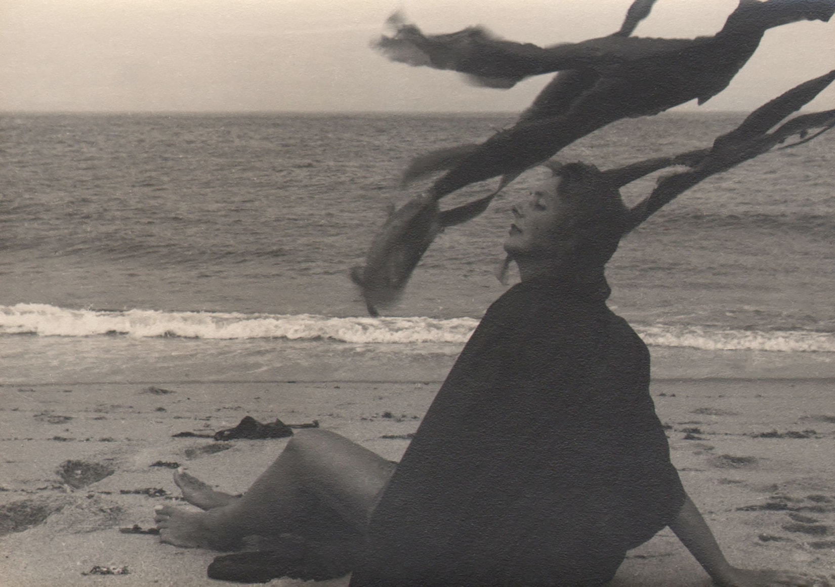 PaJaMa, Margaret French, Nantucket, ​c. 1945. A woman in black sits on the beach facing left. Seaweed blurred with motion hangs above her from outside the top right of the frame, extending toward the lower left.