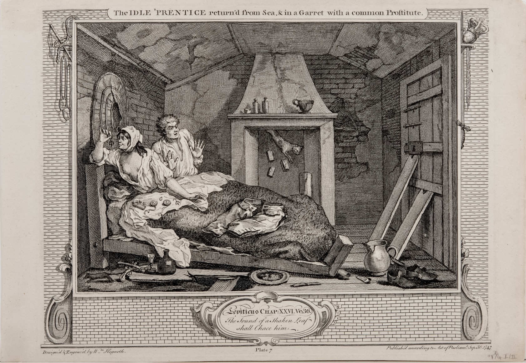 William Hogarth  The Idle &lsquo;Prentice return&rsquo;d from Sea, and in a Garret with a Common Prostitute, pl. 7 from the complete set of twelve