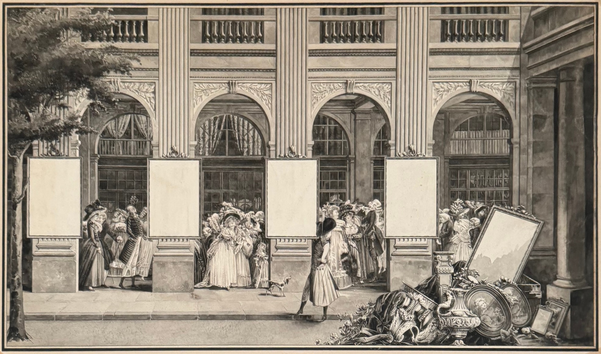 Promenade de la Galerie du Palais Royal,&nbsp;c. 1787, pen and black ink, pencil, and gray wash on paper,&nbsp;415 x 725 mm.