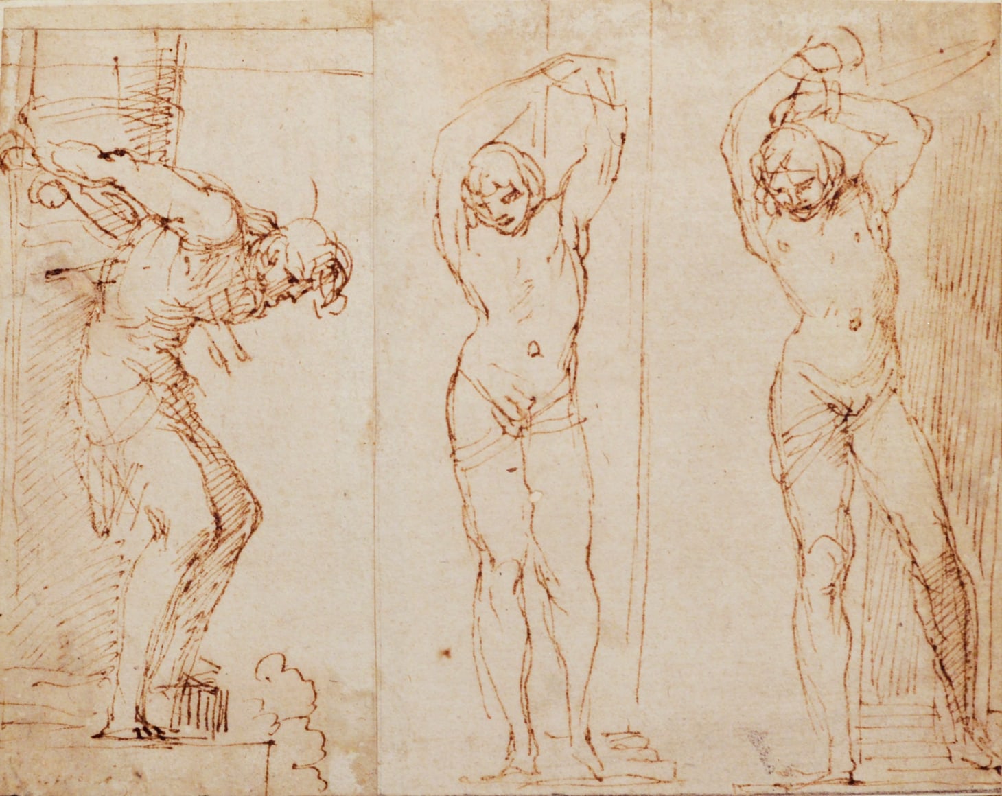 Three Studies of Saint Sebastian, c.1599, brown ink on two joined sheets of paper,&nbsp;132 x 168 mm.&nbsp;