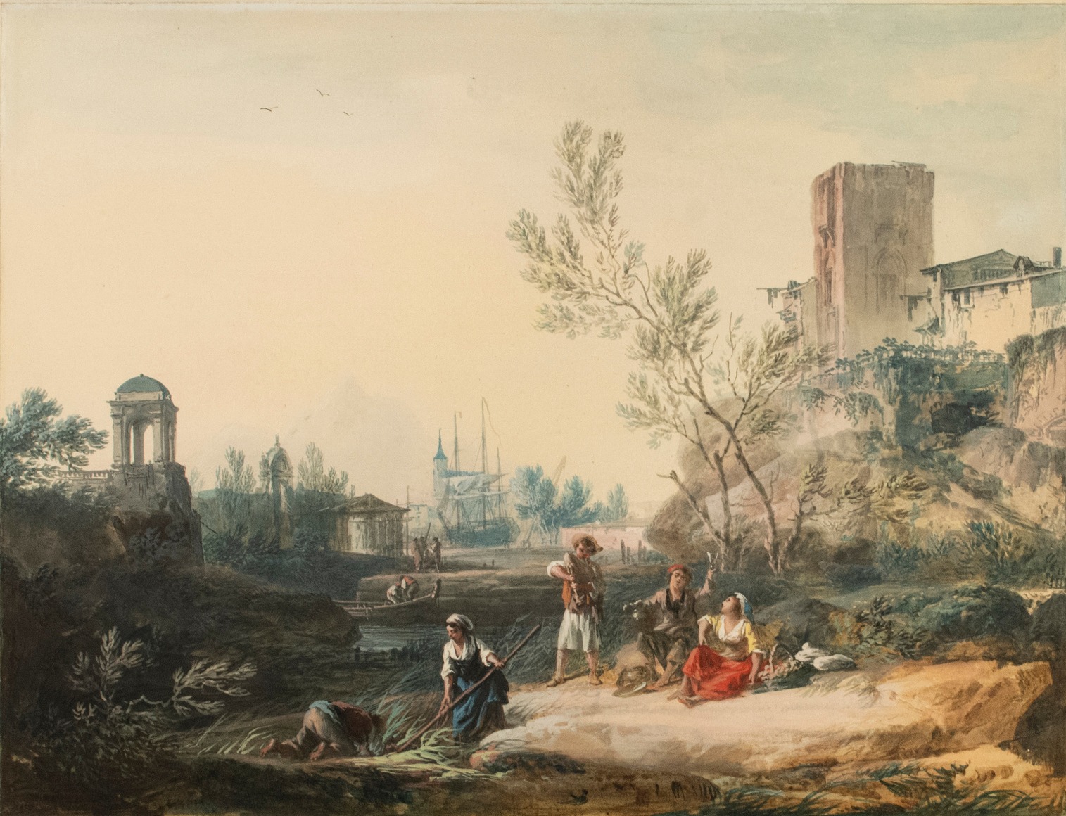 Villagers Frolicking on a Riverbank Entertained by a Bagpiper, a Port with Boats,, Men, a Church, and other Structures in the Background,&nbsp;Gouache on paper, 349 x 456 mm.