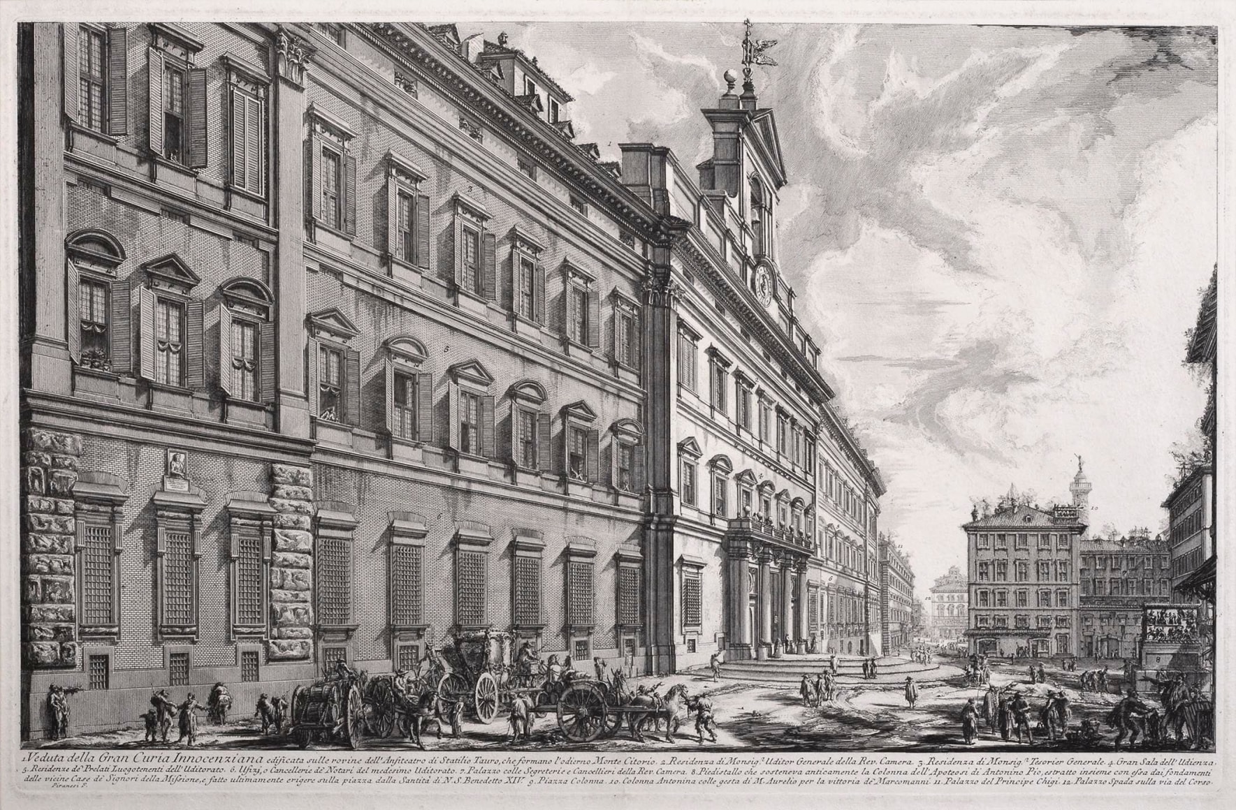 Giovanni Battista&nbsp;Piranesi, Veduta della gran Curia Innocenziana edificata sulle rovine dell&rsquo; Anfiteatro di Statilio Taurao, che formano l&rsquo;odierno Monte Citorio; The Palazzo di Monte Citorio, 1752