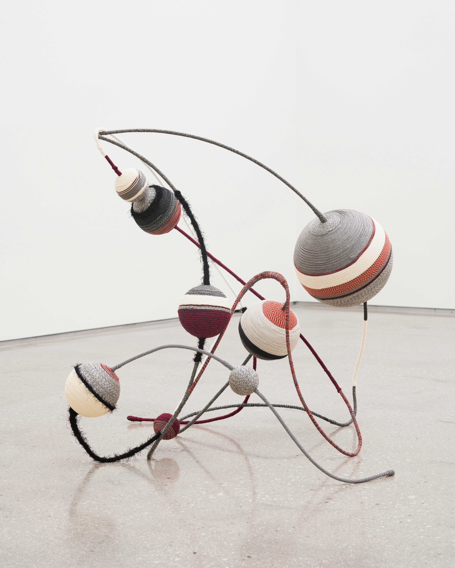Young In Hong, Free Improvisation II, 2025., Stainless steel wire, balls, bells, and textile strings, 81 x 91 x 86 cm.