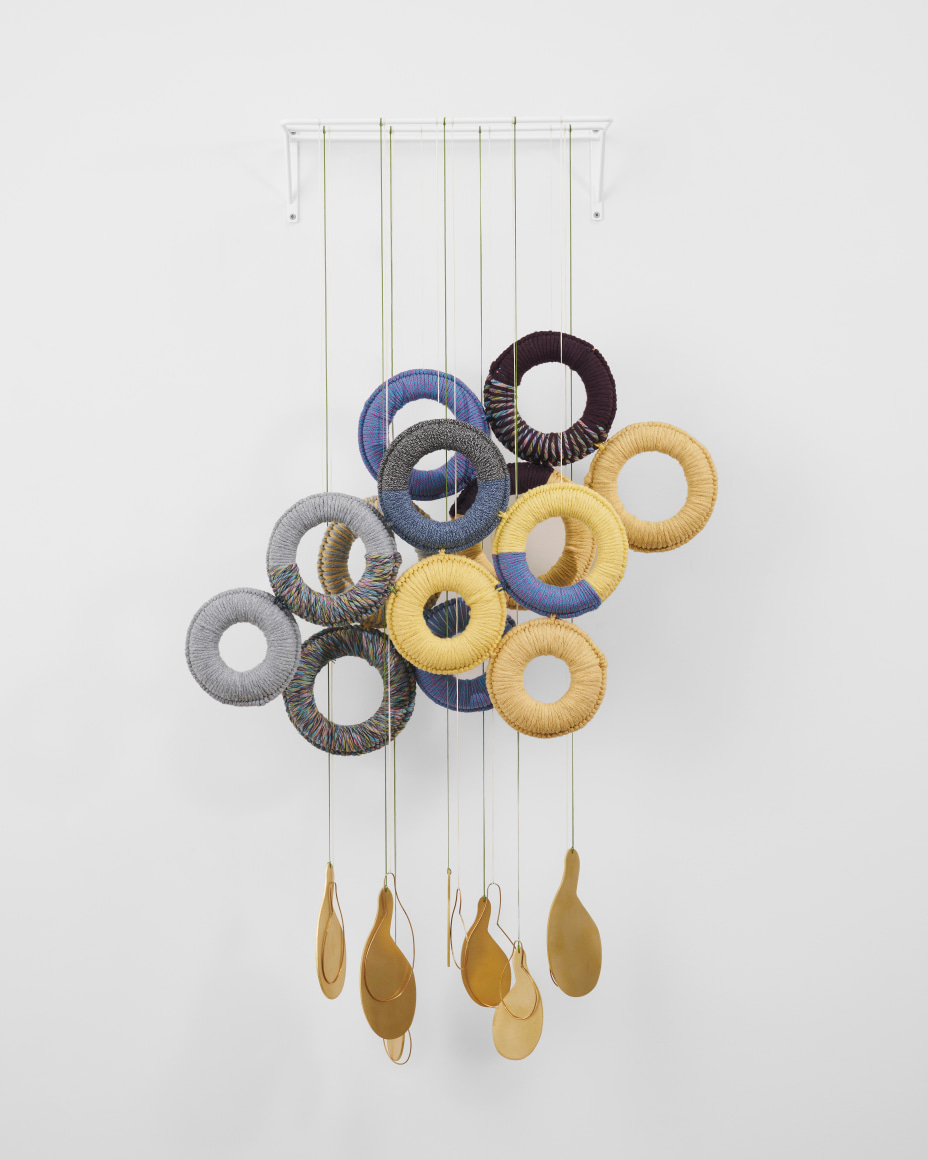 Young In Hong, Acoustic Pattern II, 2025., Textile strings, brass, and threads, 117 x 66 x 22 cm.