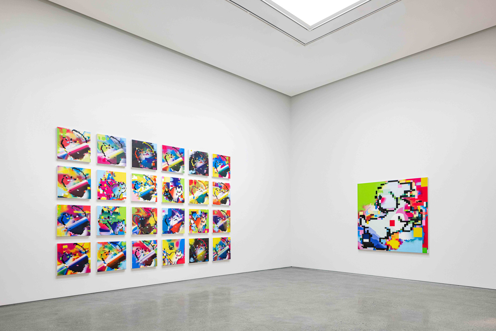 Installation view of Cody Choi: “HELLO KITTY” Database Painting Totem + NFT at PKM & PKM+., Courtesy of PKM Gallery.