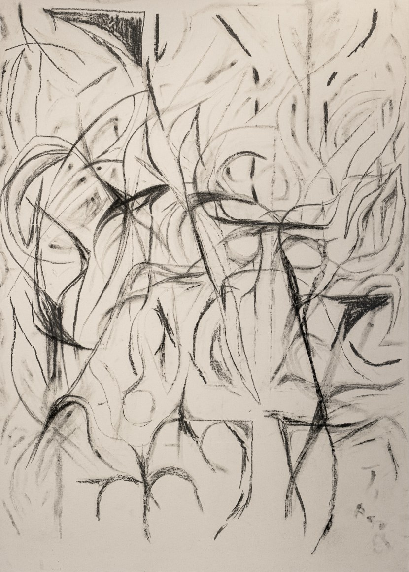 Peppi Bottrop. pnk nght, 2021, Graphite and coal on canvas, 186 x 133 cm. Courtesy of the artist, Meyer Riegger, Berlin/Karlsruhe, and PKM Gallery, Seoul.