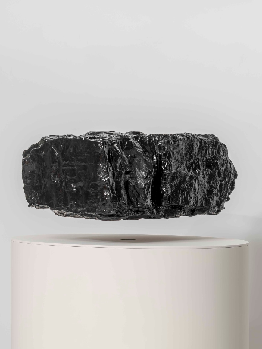 Koo Jeong A, Density, 2023. Polyamide, paint, wood, magnetic levitation device,&nbsp;126.3 x 43.6 x 60.8 cm., Courtesy of the artist &amp;amp; PKM Gallery.