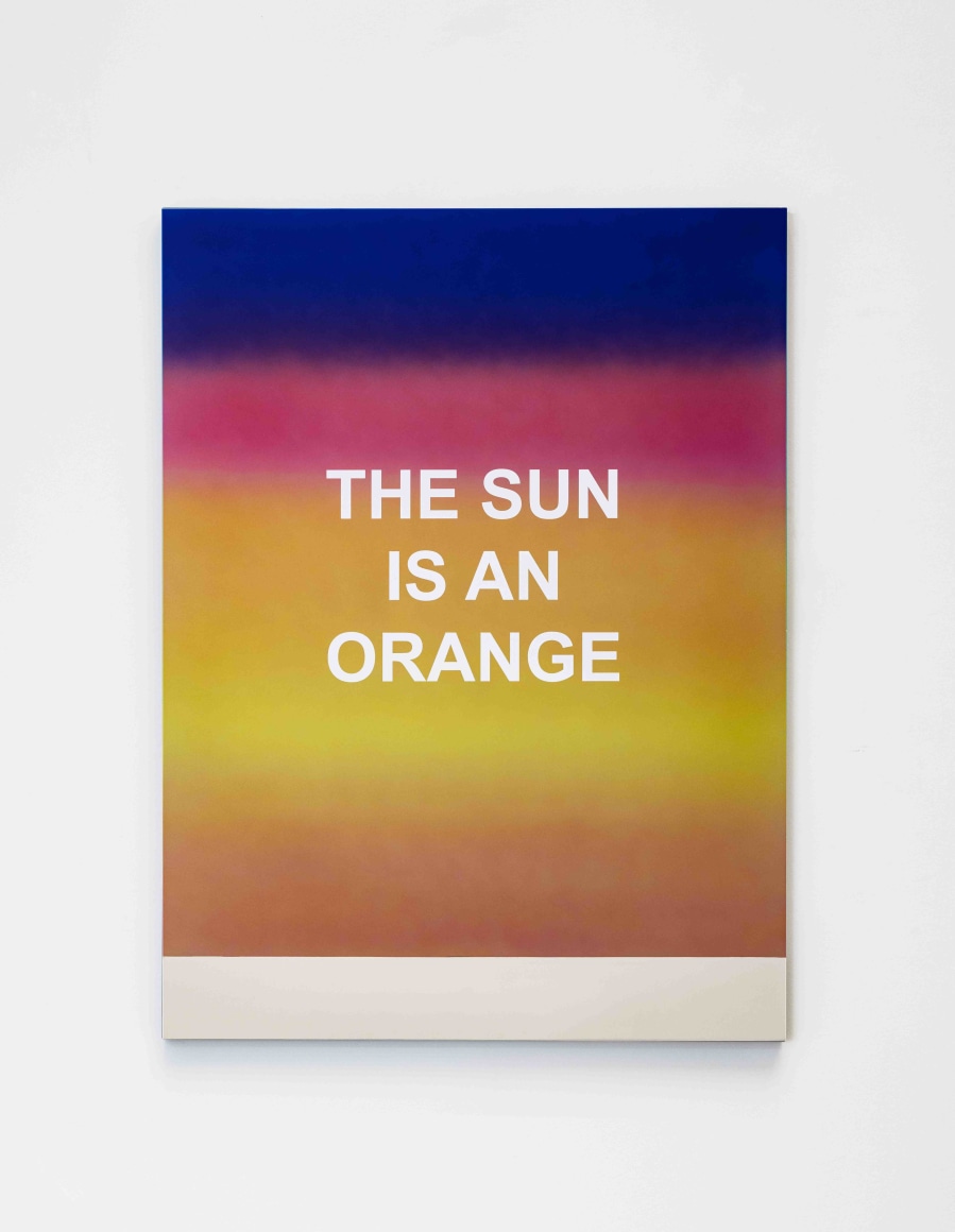 Wonwoo Lee, THE SUN IS AN ORANGE (Edition of 5 + 1AP), 2023. Stainless steel super mirror, steel, paint, silkscreen,, 120 x 90 cm. Courtesy of the artist & PKM Gallery.