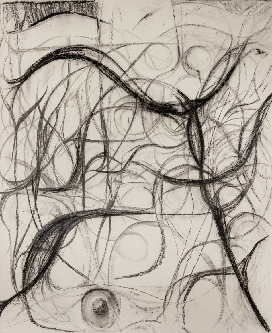 Peppi Bottrop, Dvl. antm, 2021, Graphite and coal on canvas, 217 x 178 cm. Courtesy of the artist, Meyer Riegger, Berlin/Karlsruhe, and PKM Gallery, Seoul.