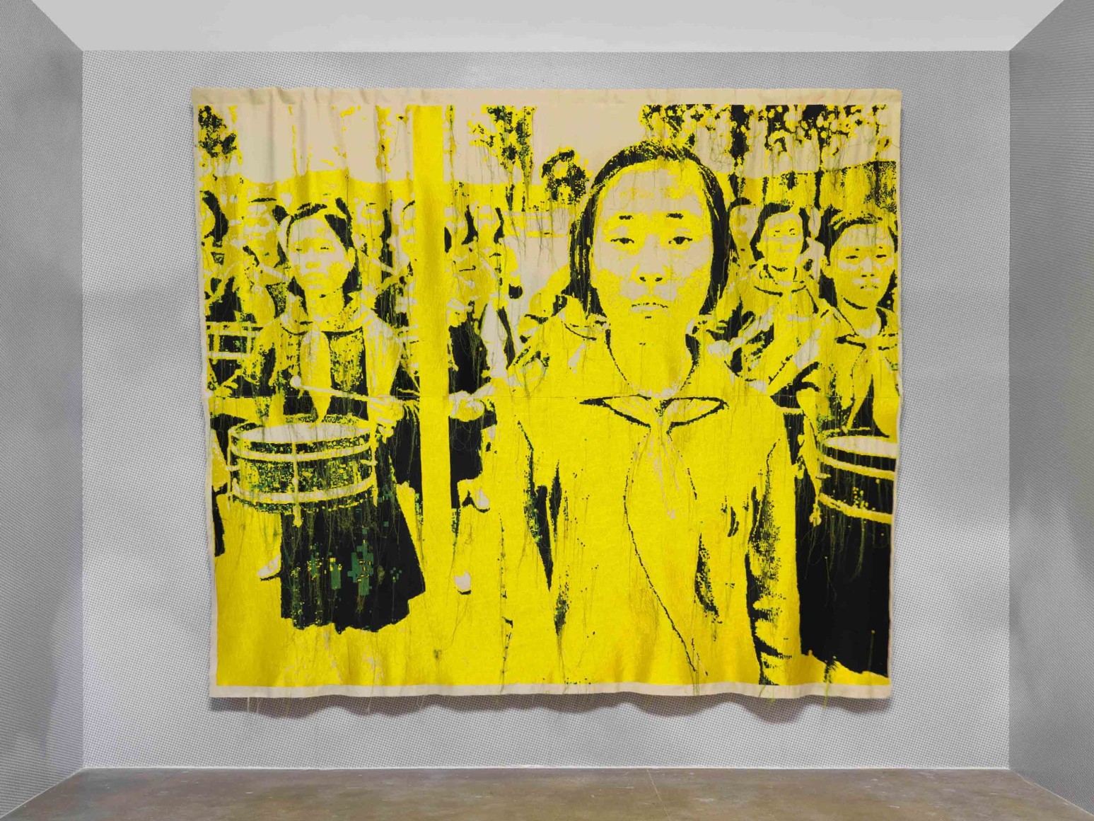 Young In Hong, Silent Drum, 2014, Embroidered image on cotton fabric, 297 x 345 cm. Courtesy of the artist & PKM Gallery. Photo Credit: Gwangju Biennale.