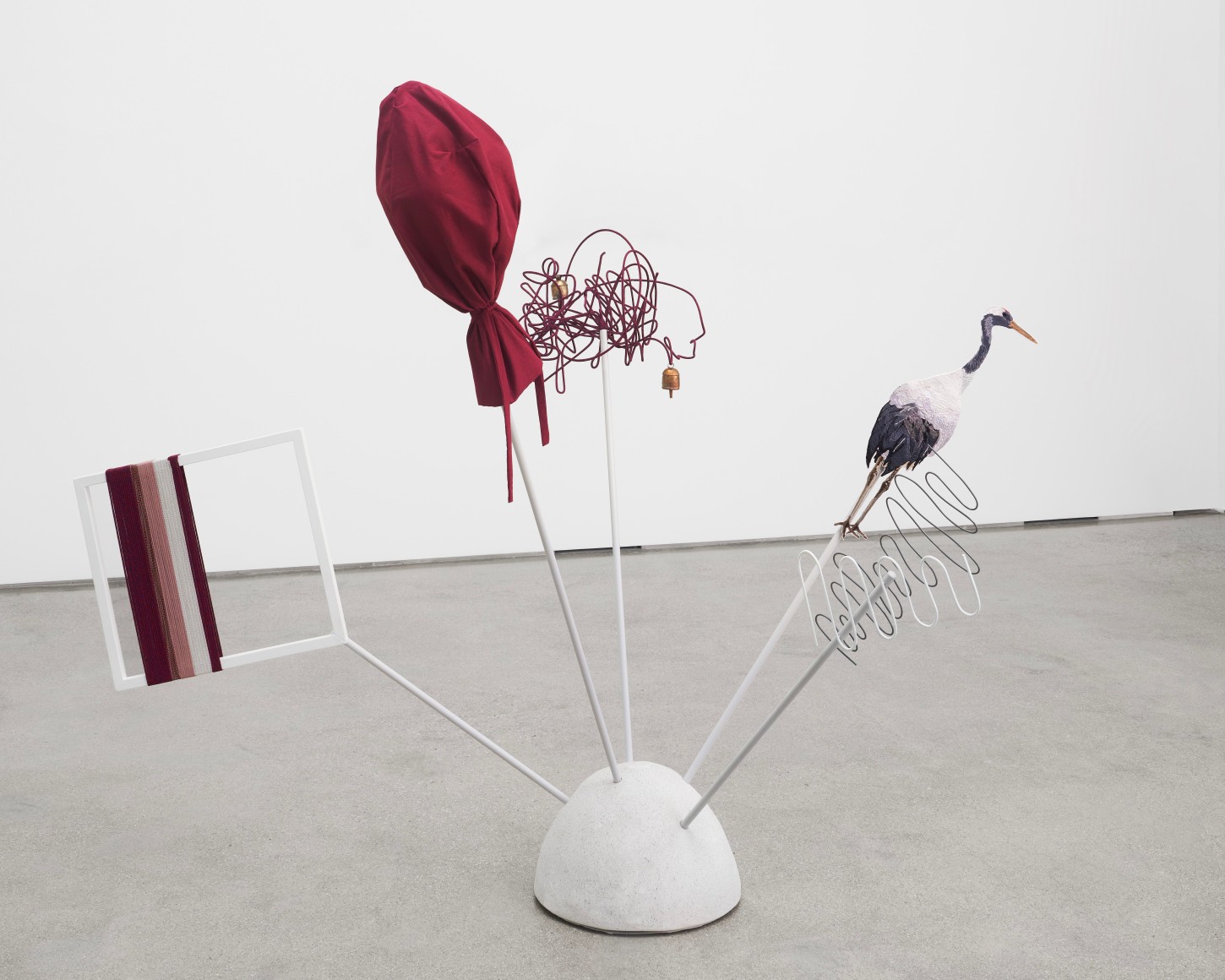 Young In Hong, Five Arrangements, 2025., Wood, cement, stainless steel, bells, threads, cotton fabric, and embroidered image on cotton, 185 x 223 x 130 cm.