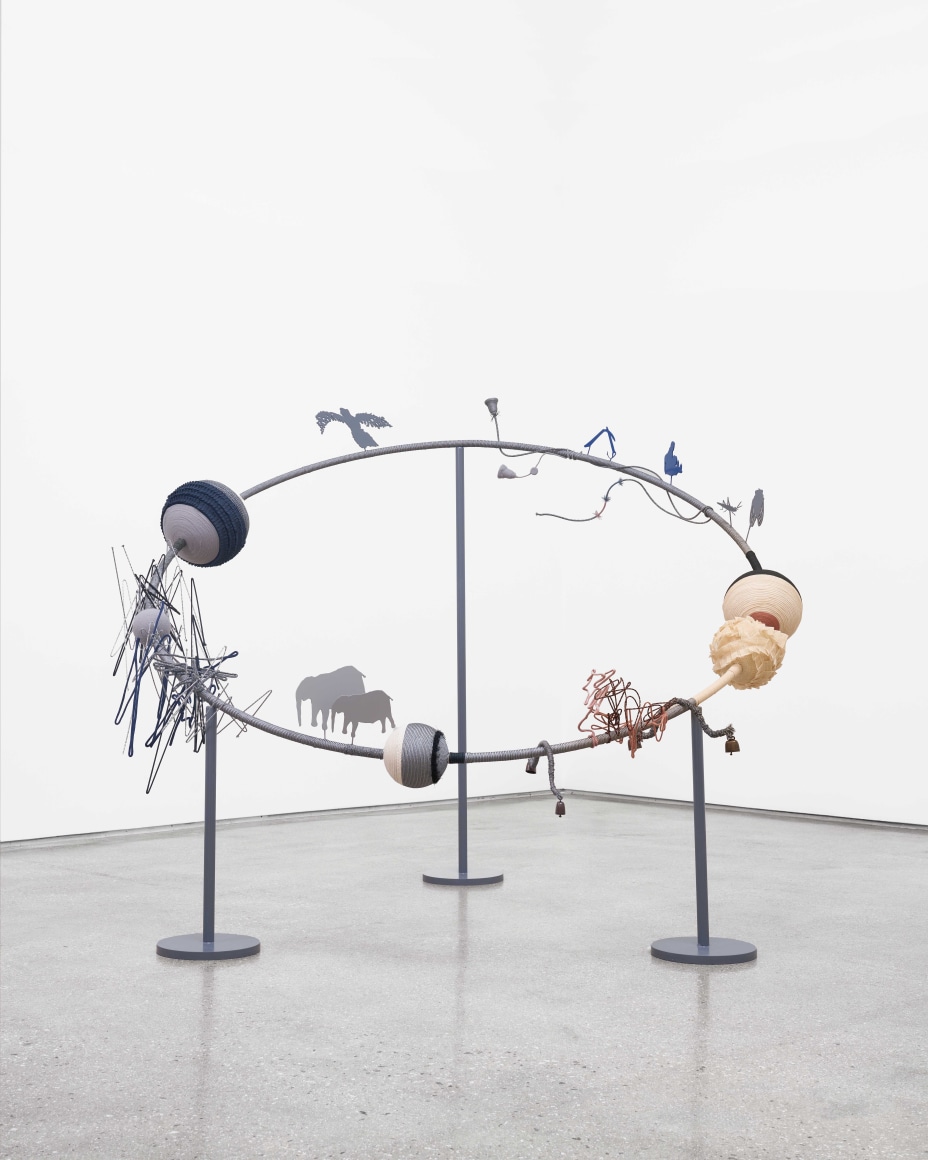 Young In Hong, An ancient bird, moonflowers, an anti-Japanese women's labor protest, a katydid, a cicada, rituals, winds, a yoke, elephants, and a river, 2025., Stainless steel (a pipe, 3 stands, balls, flat sculptures), wires, textile strings, and fabrics, 152.5 x 180 x 160 cm. 