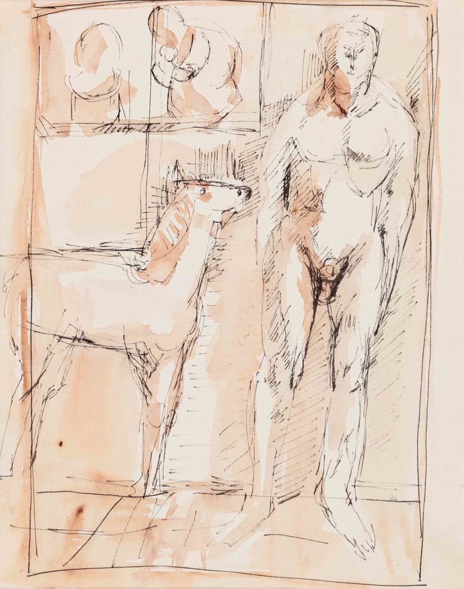 Kwon Jin Kyu, 말과 인물상이 있는 풍경 Scene with a Horse and Figure, 1956-57. Watercolor and ink on paper, 28.3 x 22.5 cm., Courtesy of Kwon Jin Kyu Commemoration Foundation &amp;amp; PKM Gallery