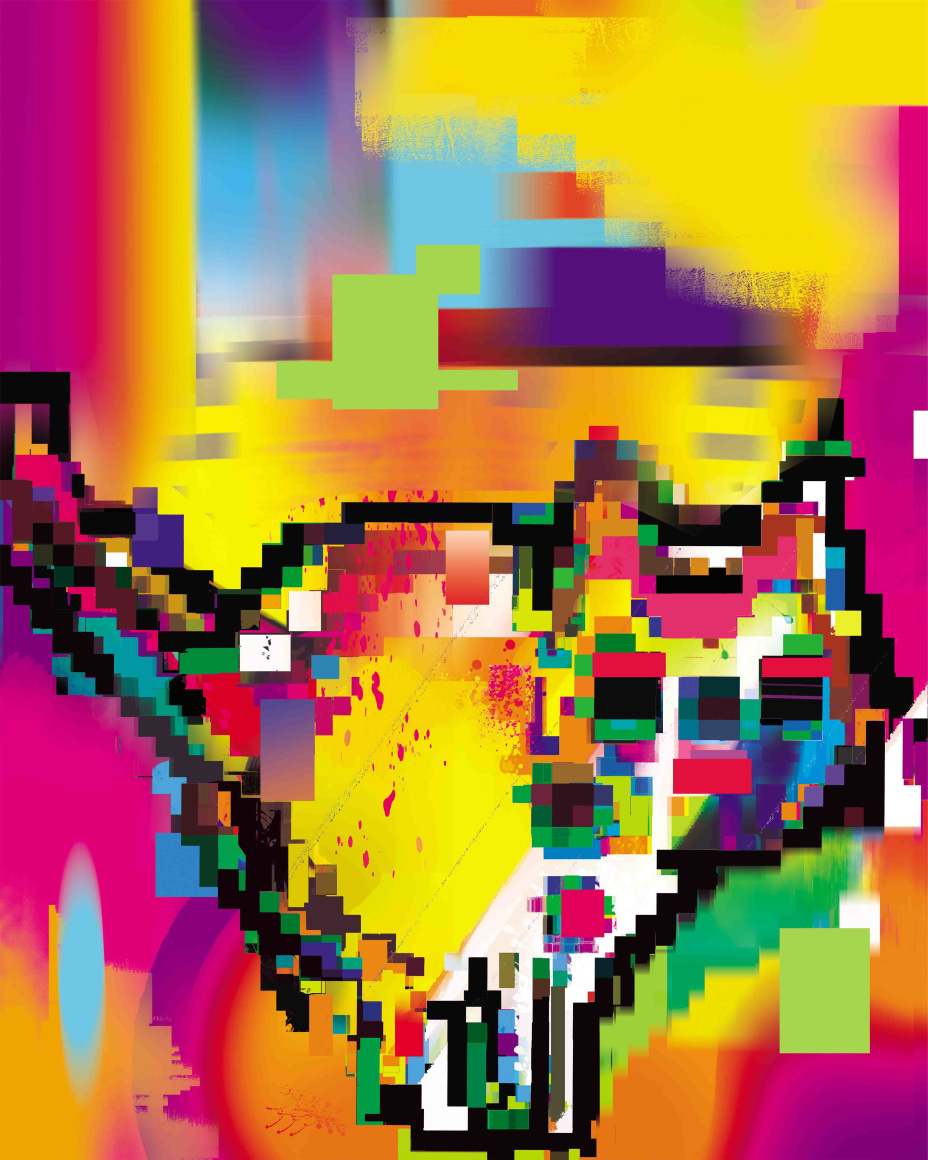 Cody Choi, Database painting animal totem "Hello Kitty A3", 2022-2023., Acrylic paint on UV print canvas, 241 x 196 cm. Courtesy of the artist & PKM Gallery.