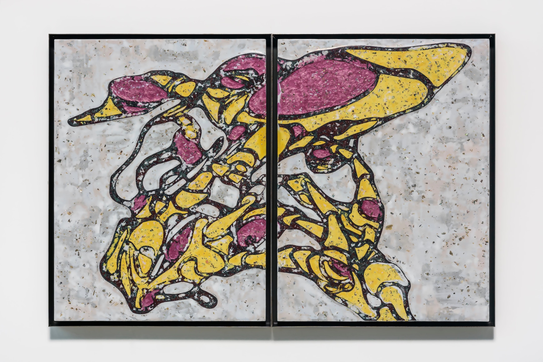Lee Bul. Perdu XXXII, 2019, Mother of pearl, acrylic paint on wooden base panel, steel frame Diptych, 83.3 x 126.6 x 6.6 cm. Courtesy of the artist & PKM Gallery.