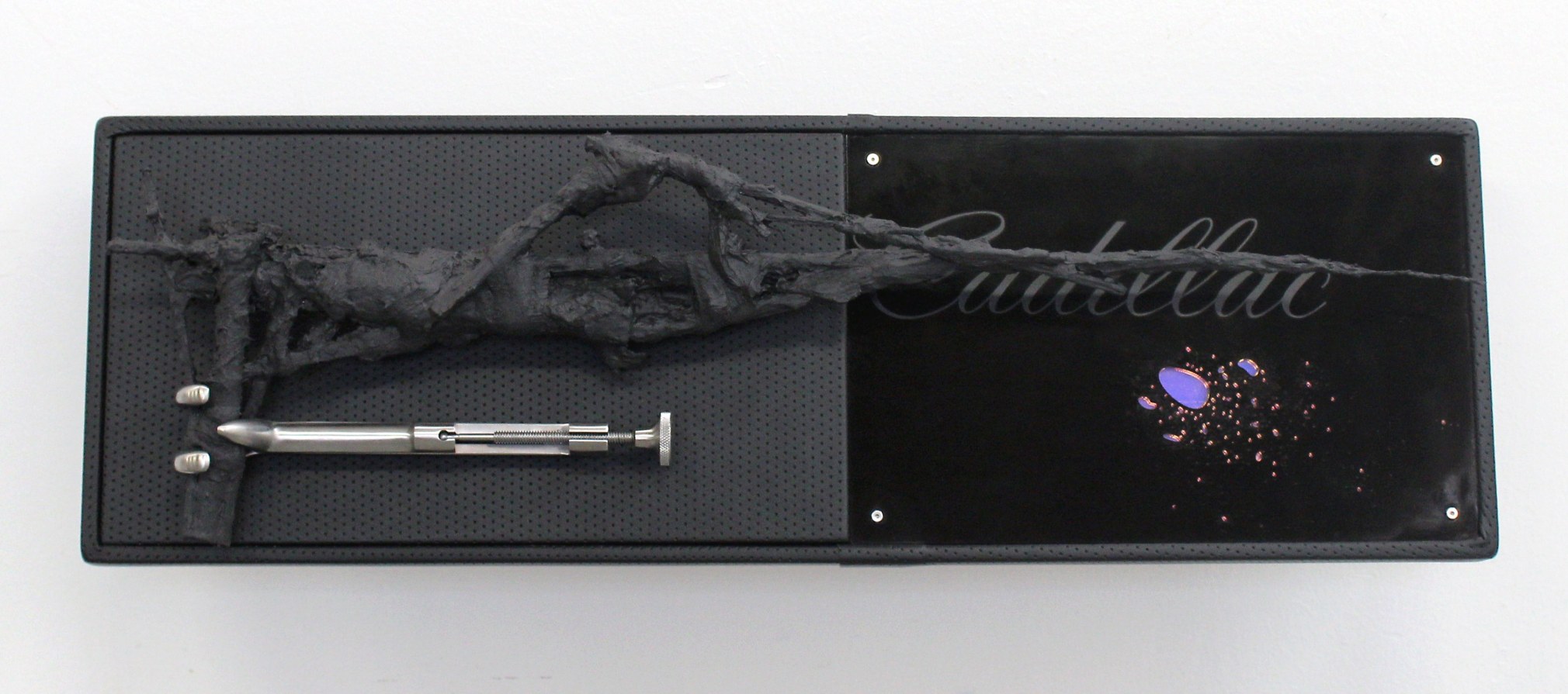 Benjamin Kelley  Untitled 06  2019, Vinyl, acrylic, silicone, wood, holographic film, surgical bone clamp, stainless steel hardware.