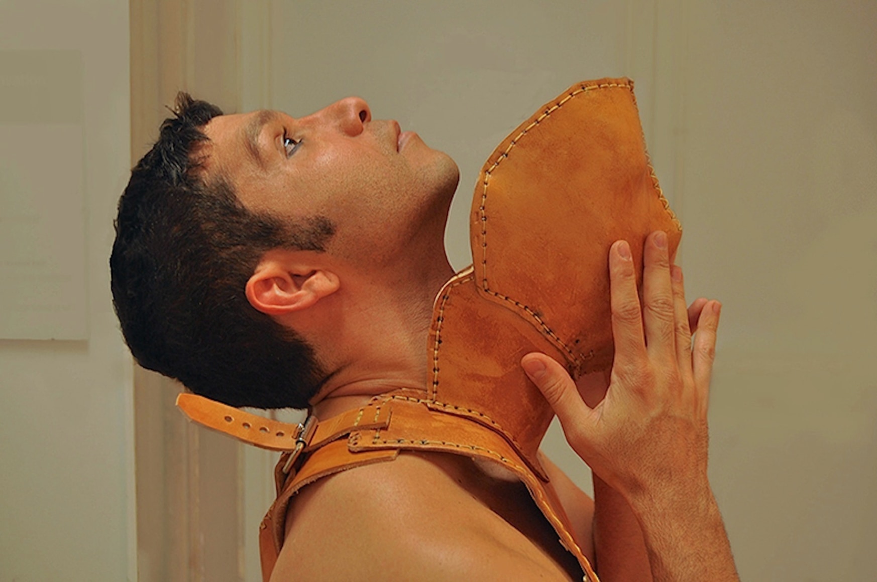 LORENZO CARDIM The Harbinger 2013, leather, steel, mahogany, cotton wax thread, shellac, manila-rope and quartzite, dimensions variable.