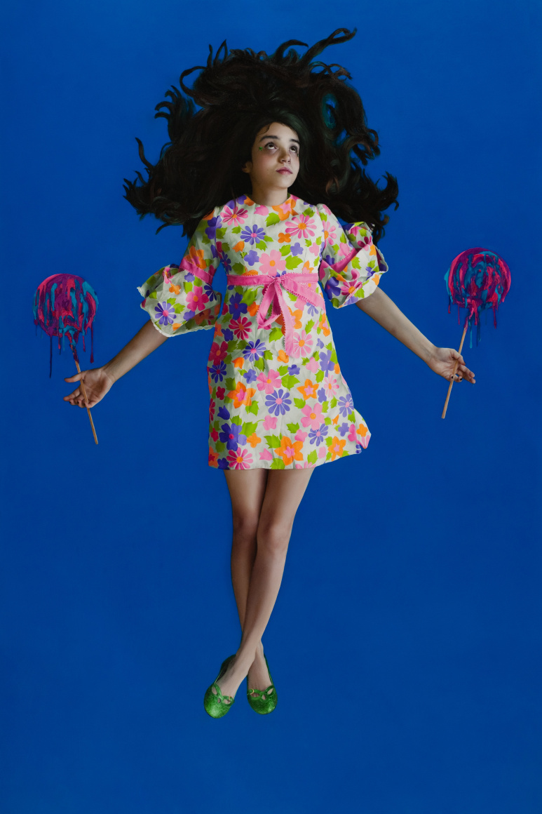 KATIE MILLER Girl on Blue 2010, oil on panel, 72 x 48 inches