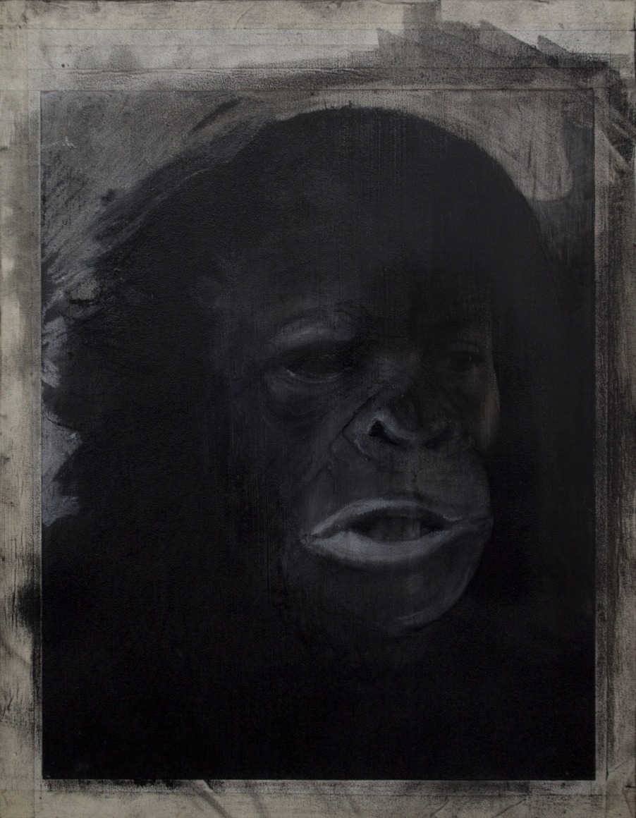 McKINLEY WALLACE III  Hominin Portrait #1  2014, acrylic, charcoal, conte crayon, ink, pastel, print and tape on paper on wood panel, 18 x 14 inches.