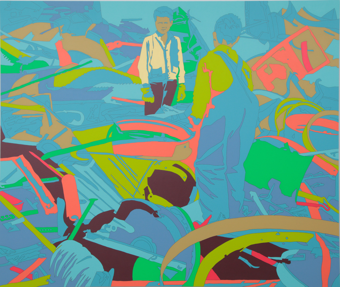 Francis Ruyter  &ldquo;John Collier: Fort Kent, Maine (vicinity). Salvage drive for scrap metal&quot;  2015, acrylic on canvas, 70 x 83 inches.