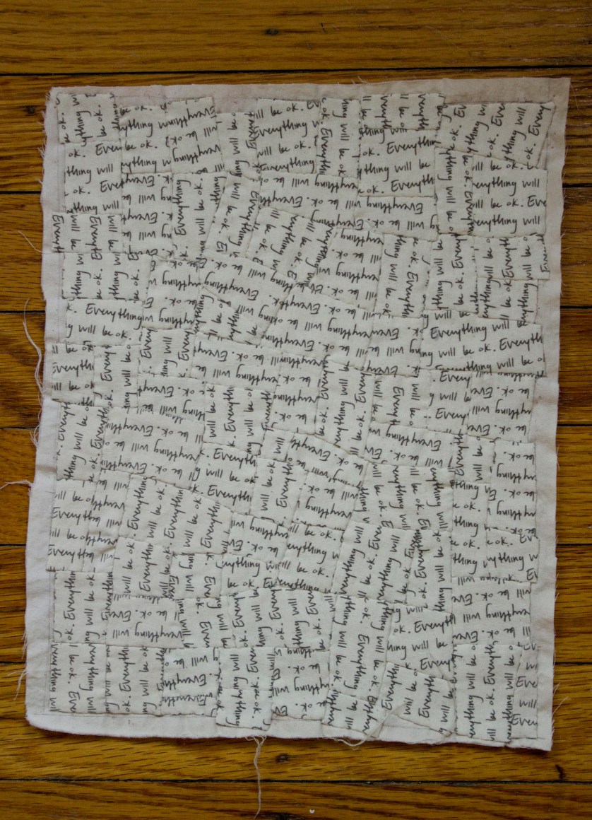 ARIEL POND Everything Will Be Ok (Piecework and Quilting #6) 2015, unbleached muslin, ink, white thread, 8.5 x 11 inches.