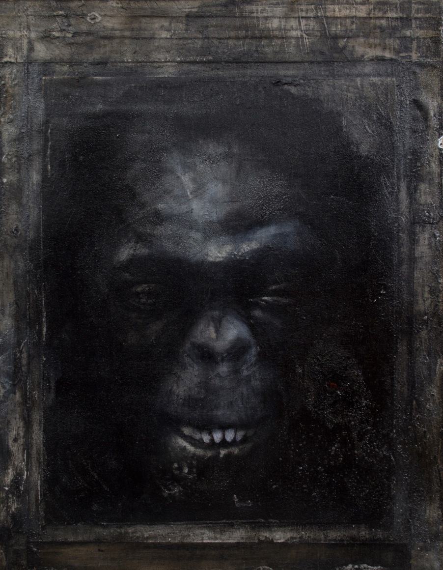 McKINLEY WALLACE III  Hominin Portrait #2  2014, acrylic, charcoal, conte crayon, ink, pastel, print and tape on paper on wood panel, 18 x 14 inches.