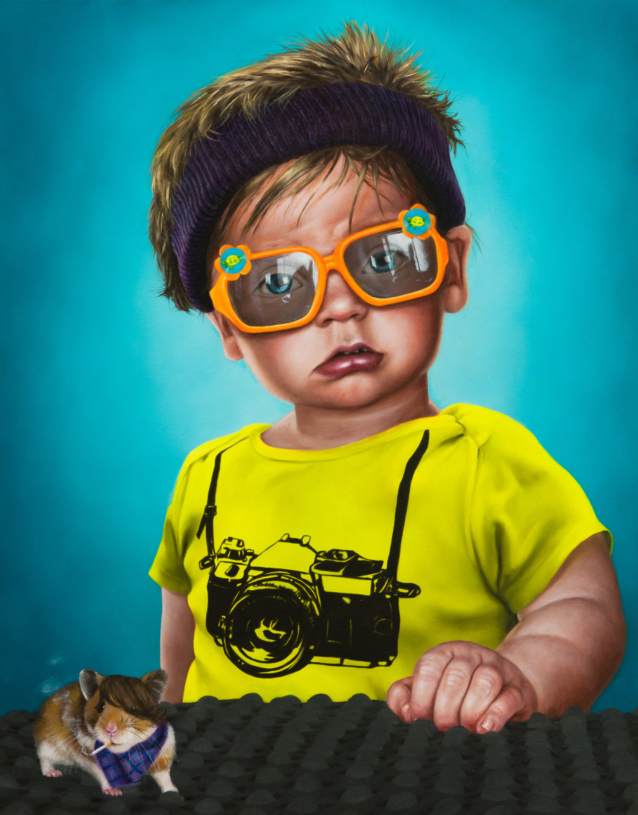 KATIE MILLER Portrait of Righteous Rowan with a Hipster Hamster 2012, oil on panel, 16 x 12 inches