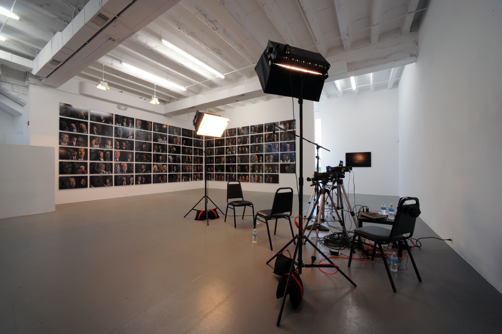 LINCOLN SCHATZ_The Network (installation)_2012, generative digital portraits of 89 American innovators, custom software, computer, LCD screen, on-location set, wiring, cameras, water, 89 photographs, dimensions variable