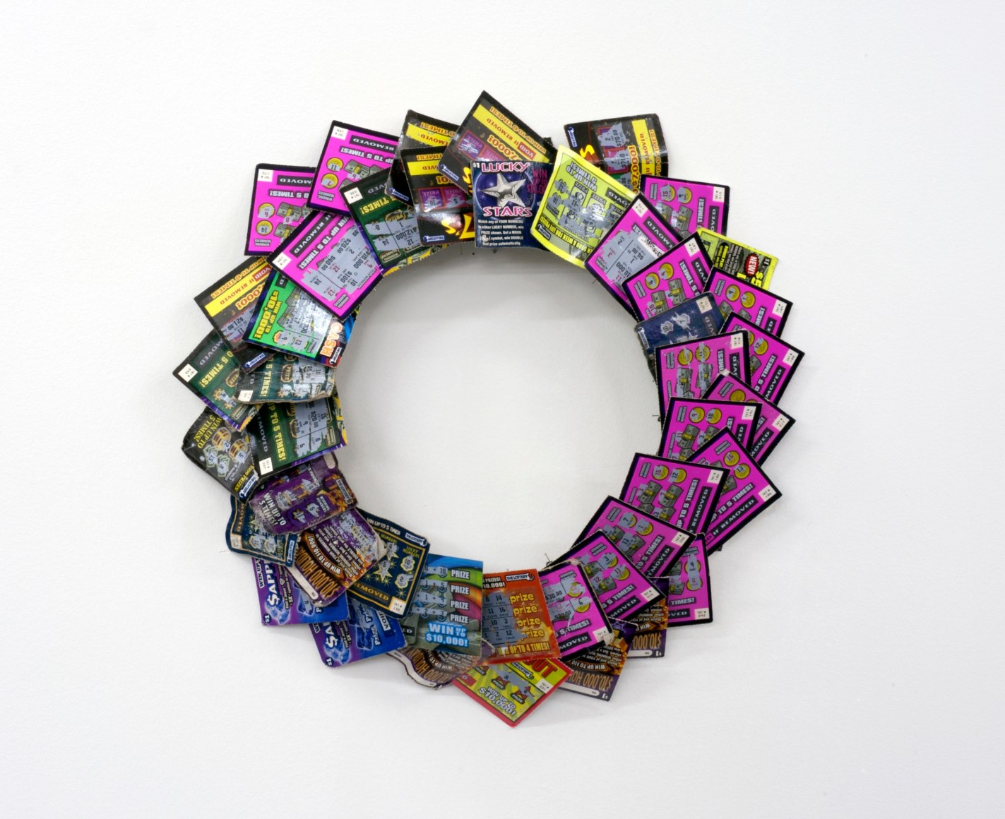 WILMER WILSON IV  Priestess Faust Walk (Boston)  2015, lottery tickets, safety pins, dimensions variable