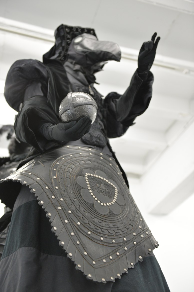 JOSHUA JAMES JOHNSON Interregnum (detail) 2014, thread, wire, cloth, wood, metal, leather, and hair, 15 x 3 x 6 feet. Installation view: CONNERSMITH.