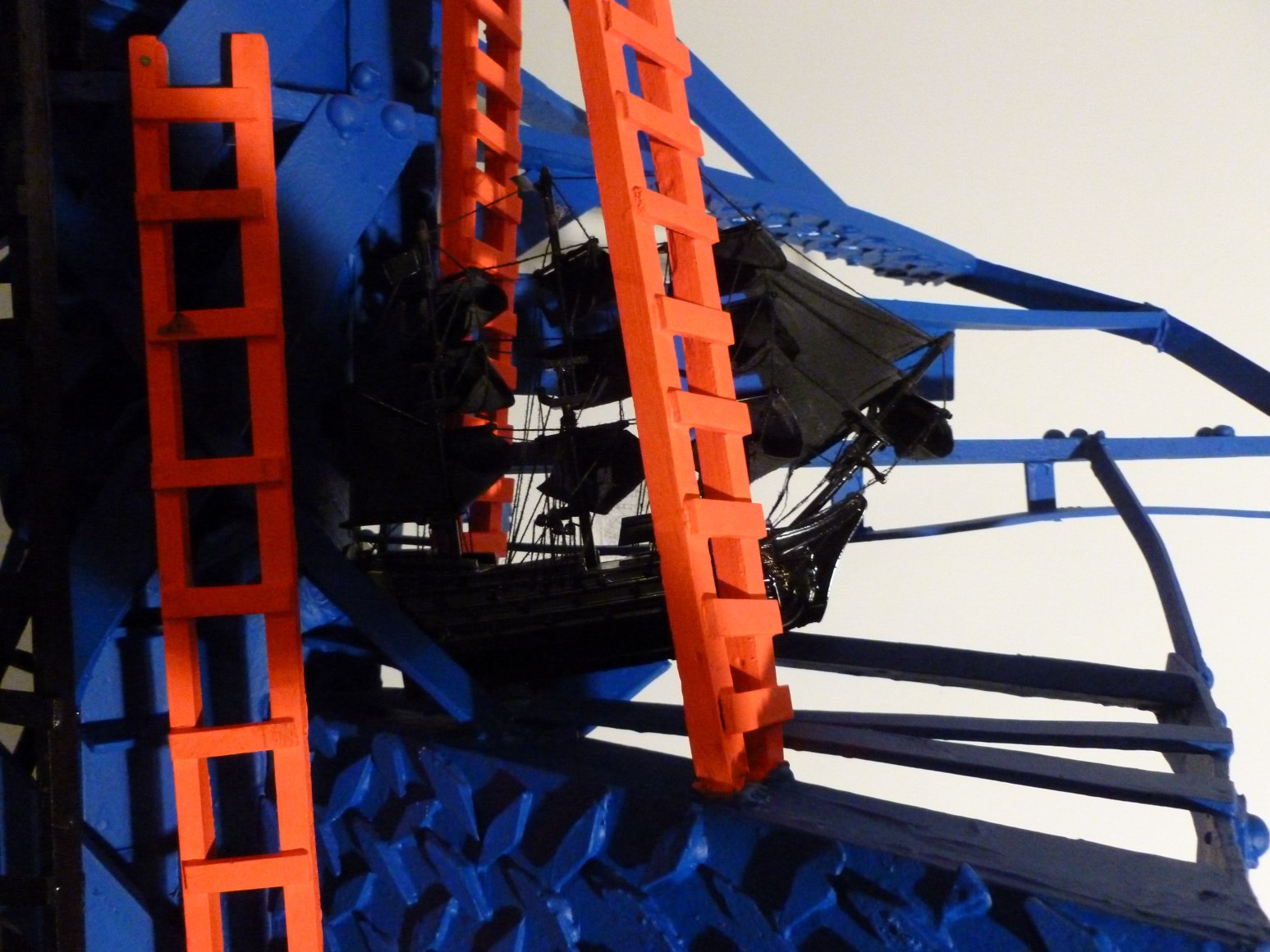 MIA FEUER Fire Escapism (suspended sculpture) 2011, styrofoam, FGR, latex paint, spray paint, cardboard, found model ship, approx. 72 x 60 x 48 inches