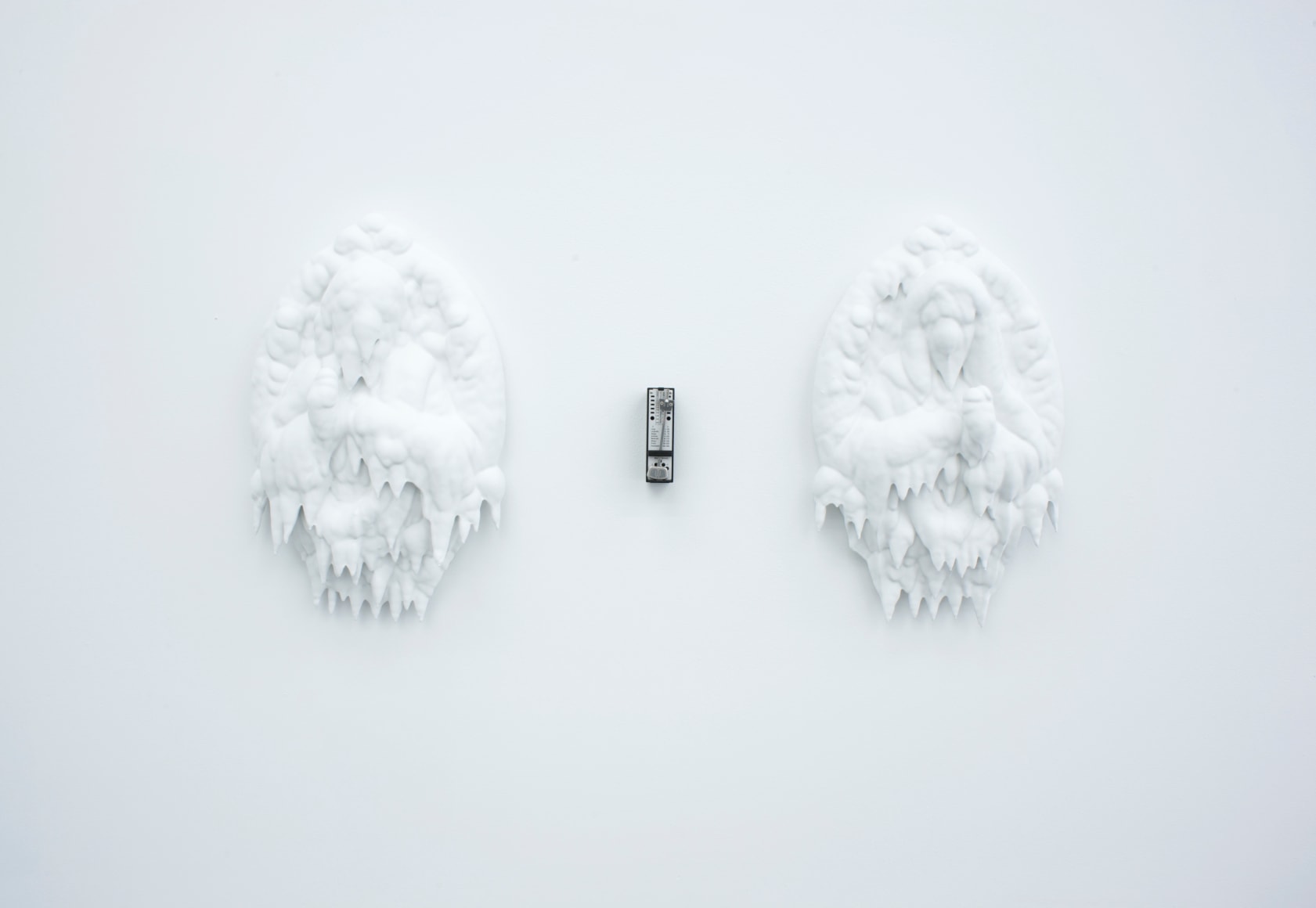 RYAN CARR JOHNSON Blind Faith 2013, layered paint atop wall busts, mice-metronome, 12 x 38 inches