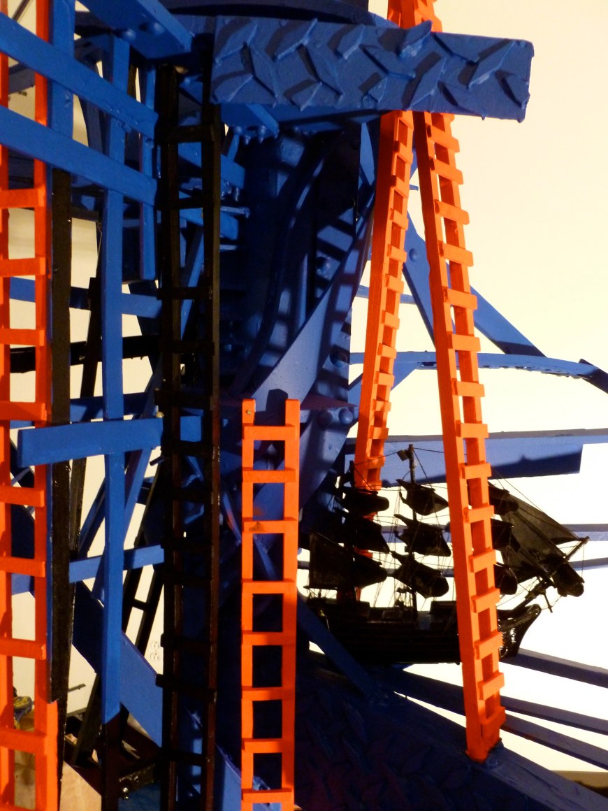 MIA FEUER Fire Escapism (suspended sculpture) 2011, styrofoam, FGR, latex paint, spray paint, cardboard, found model ship, approx. 72 x 60 x 48 inches