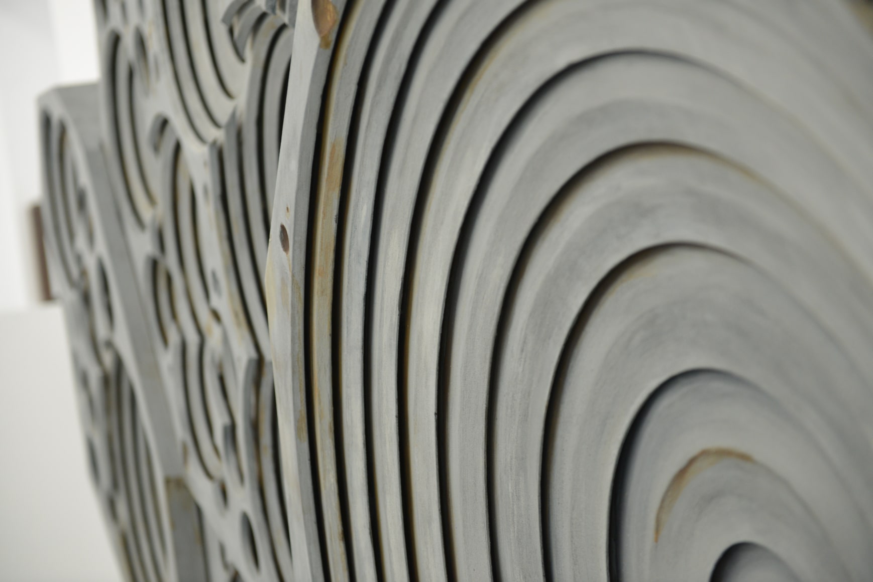 EMERSON MYERS #Inches(100 Kilotons)(#Layers)=YIELD (detail) 2014, polished and rusted iron, paint, ash, and charcoal on wood, 174 x 108 inches. Installation view: CONNERSMITH.