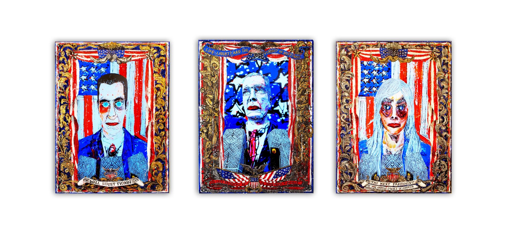 FEDERICO SOLMI American Circus (Installation view) 2014, 3 video paintings, acrylic paint on plexiglass, gold and silver leaf, video loop, time varies, 18 x 24 inches (each).