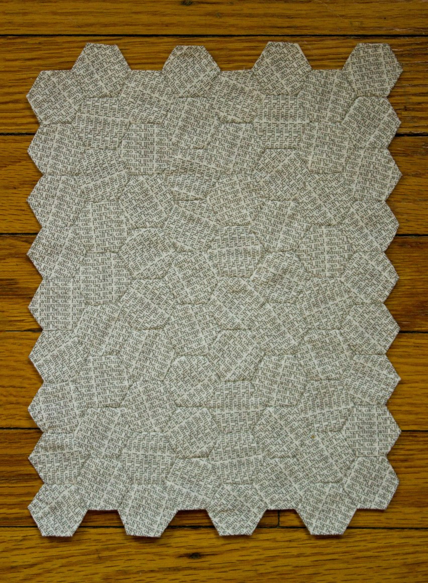 ARIEL POND  Everything Will Be Ok (Hexagons #4) 2015, unbleached muslin, ink, white thread, 8.5 x 11 inches.