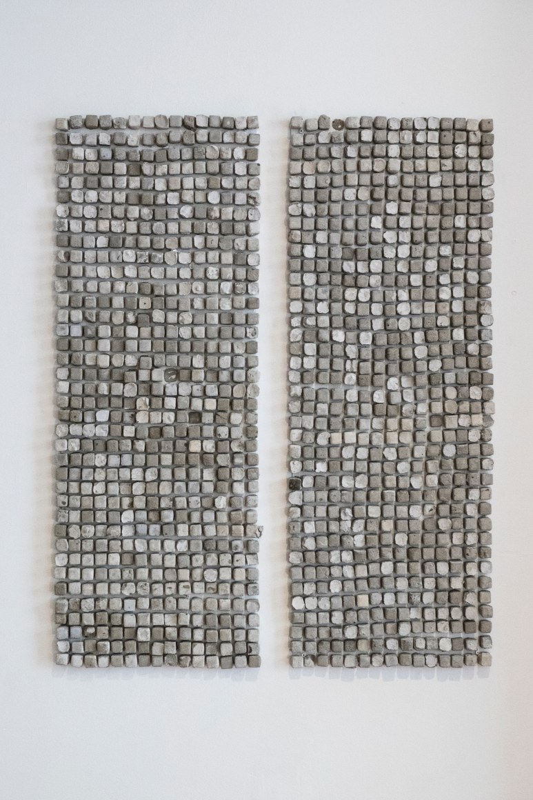 SARA AL HADDAD  &quot;look at her&rdquo;, &ldquo;she looks as insecure as i am&rdquo;, (window 3) (detail) 2016, nails, concrete and metal sheets, 41 x 15 inches.