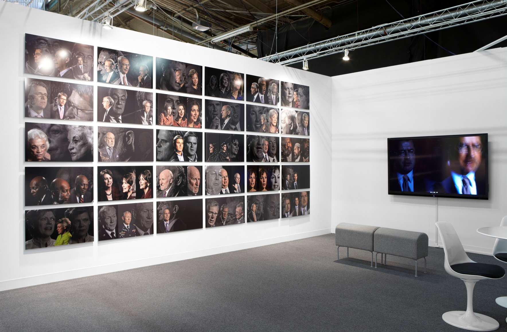 LINCOLN SCHATZ The Network 2012, generative digital portraits of 89 American innovators, custom software, computer, LCD screen, on-location set, wiring, cameras, water, 89 photographs, dimensions variable. Please contact gallery for more information. Installation view: booth 902, The Armory Show, 2013