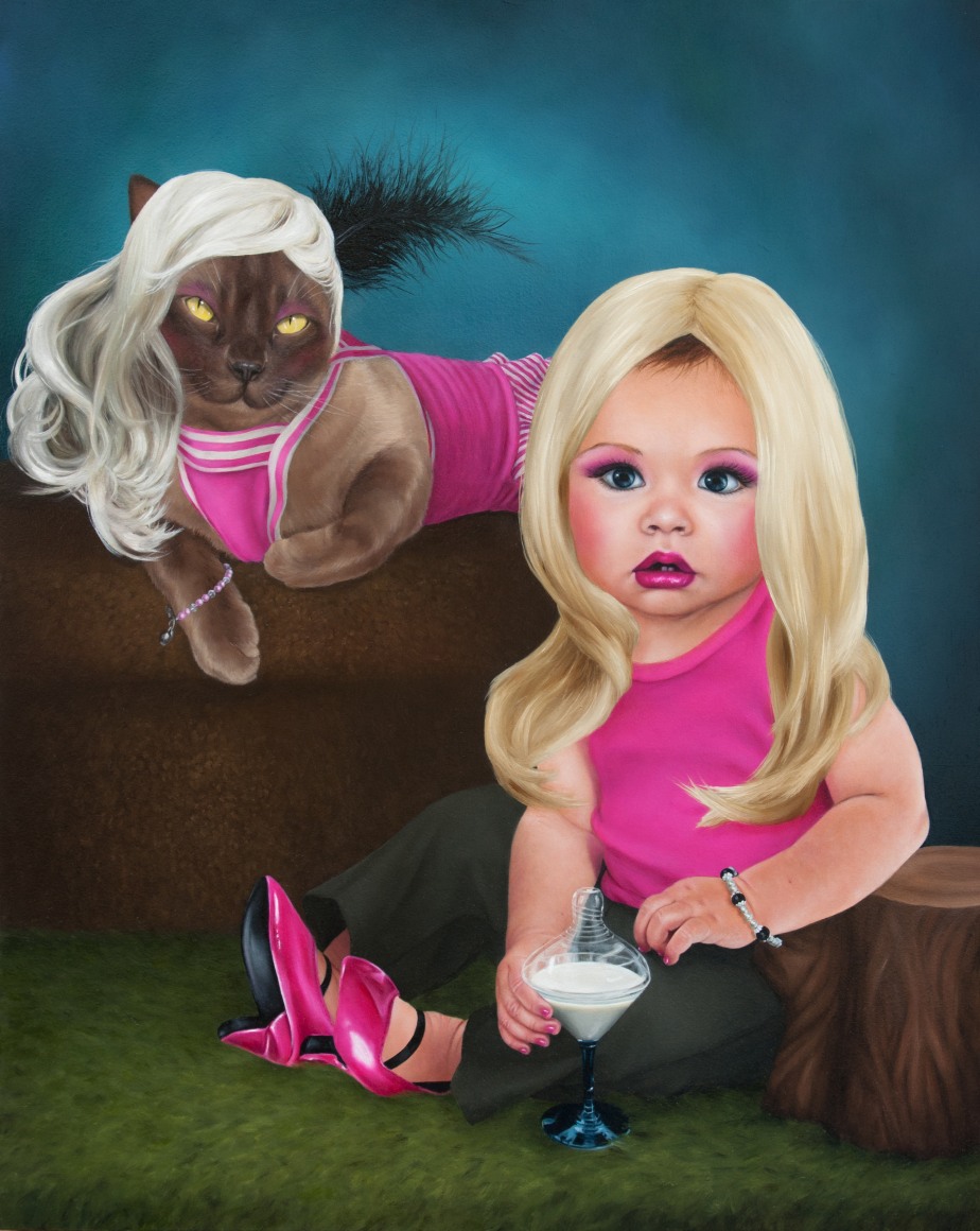 KATIE MILLER Portrait of Frau Kitty Meow Meow and Her Styled Child 2012, oil on panel, 20 x 16 inches