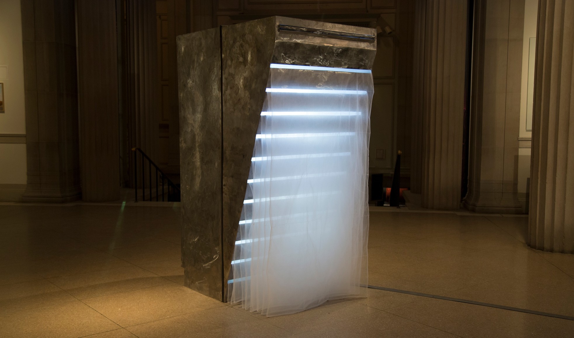 NOAH MCWILLIAMS  Between Fires  2017, steel, pipe insulation, 3D lenticular image, tulle, 78 x 36 x 24 inches