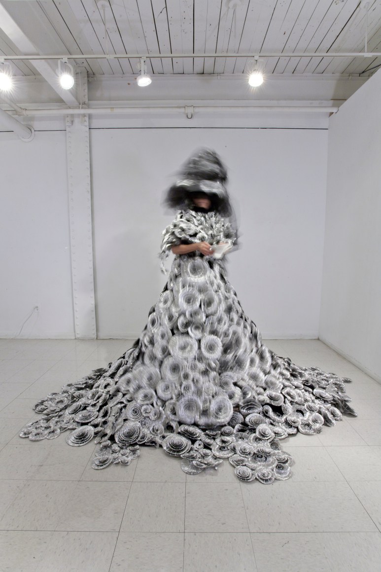 MIHAELA SAVU Exile 1 2012, aluminum, tulle, wood, fabric, 78 x 78 inches