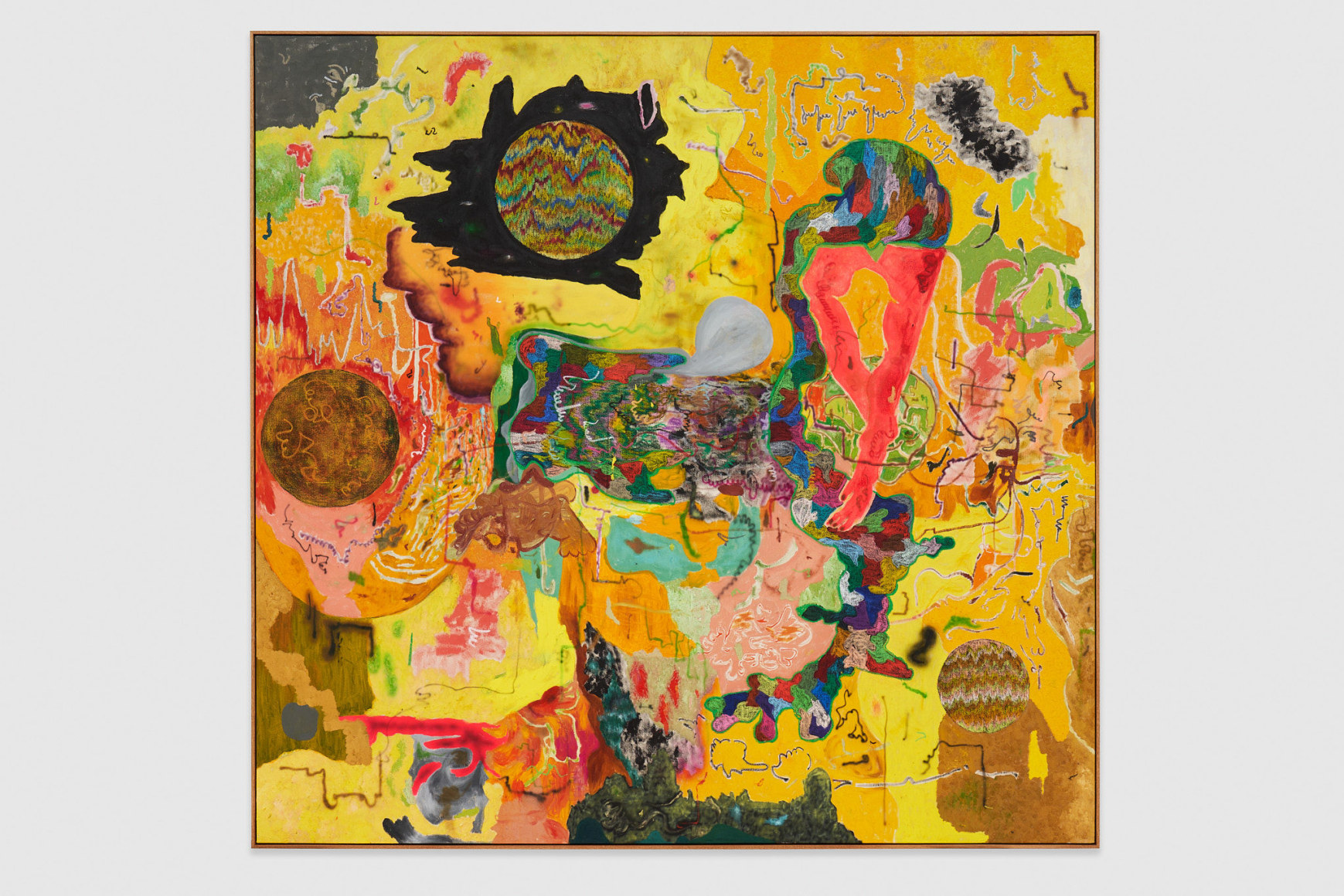 Michael Bauer Land of Tiny Hands (Return to Ether Shelter), 2022 Oil, acrylic, and pastels on canvas 77 1/2 x 80 1/2 in (framed) 196.8 x 204.5 cm (framed) (MBA22.003)