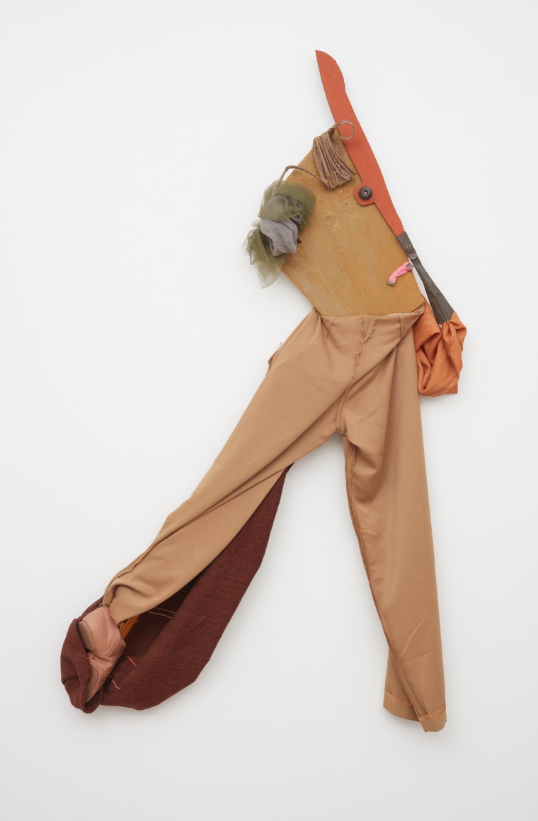 Blair Saxon-Hill Half Mast, 2018 Wood, gouache, fiber reinforced plaster, cement, pigment, foam, plastic shard, rubber grommet, metal tack, surface dyed chiffon, tulle, hose, plastic tubing, ballet slipper, inside out pants, handwoven textile, kazoo 60 x 33 x 6 in 152.4 x 83.8 x 15.2 cm (BSH18.049)