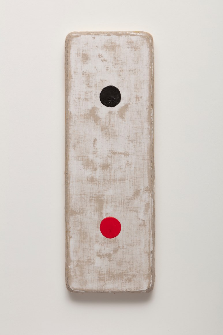 Otis Jones White Rectangle with Black and Red Circles, 2020 Acrylic on linen on wood 24 x 15 x 3 inches (61 x 38 x 7.6 cm)