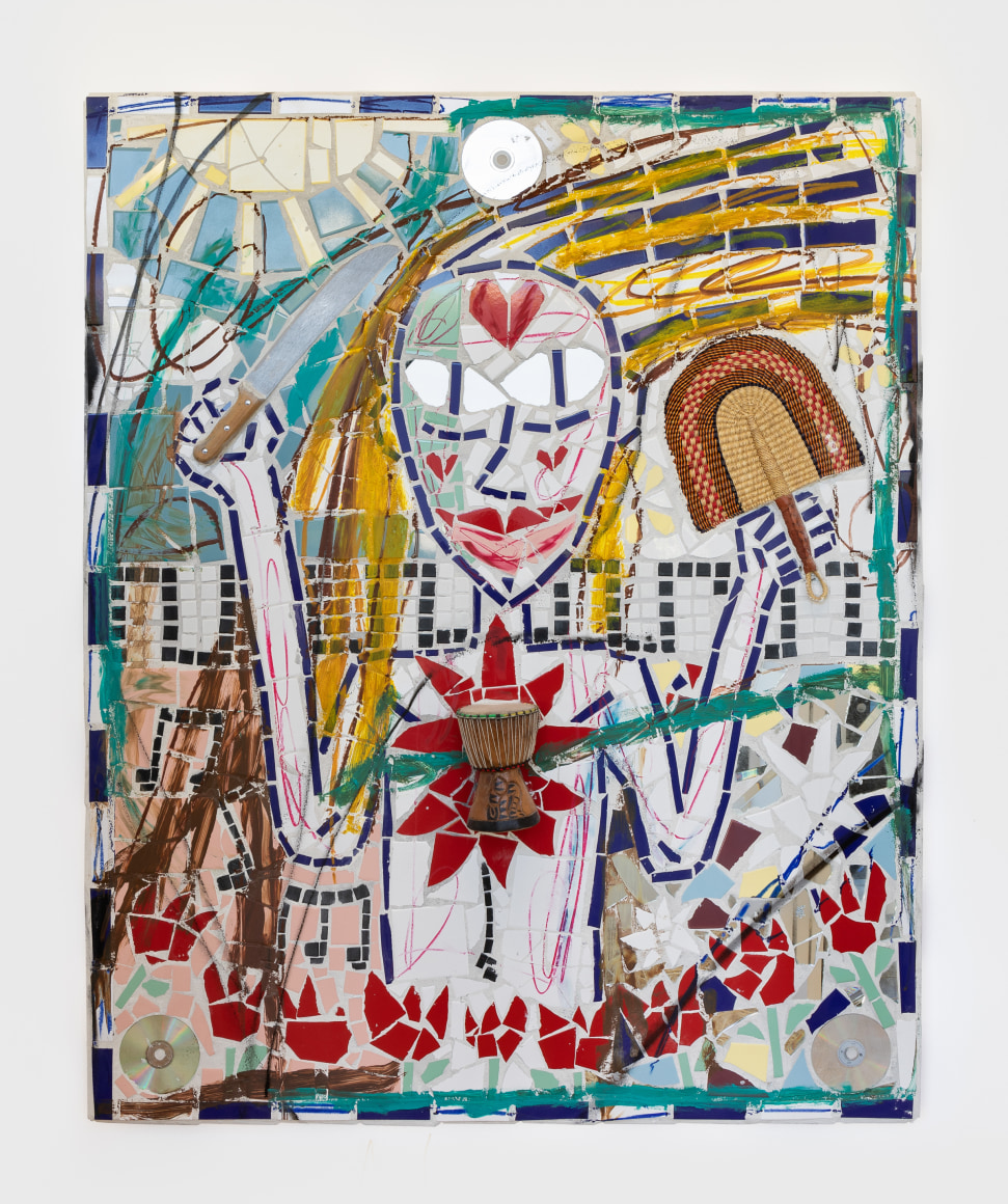 Cameron Welch, Feel the Beat, 2019, Oil, acrylic, spray, collage, found objects, and ceramic on panel 60 x 48 in (152.4 x 121.9 cm), CWE19.008