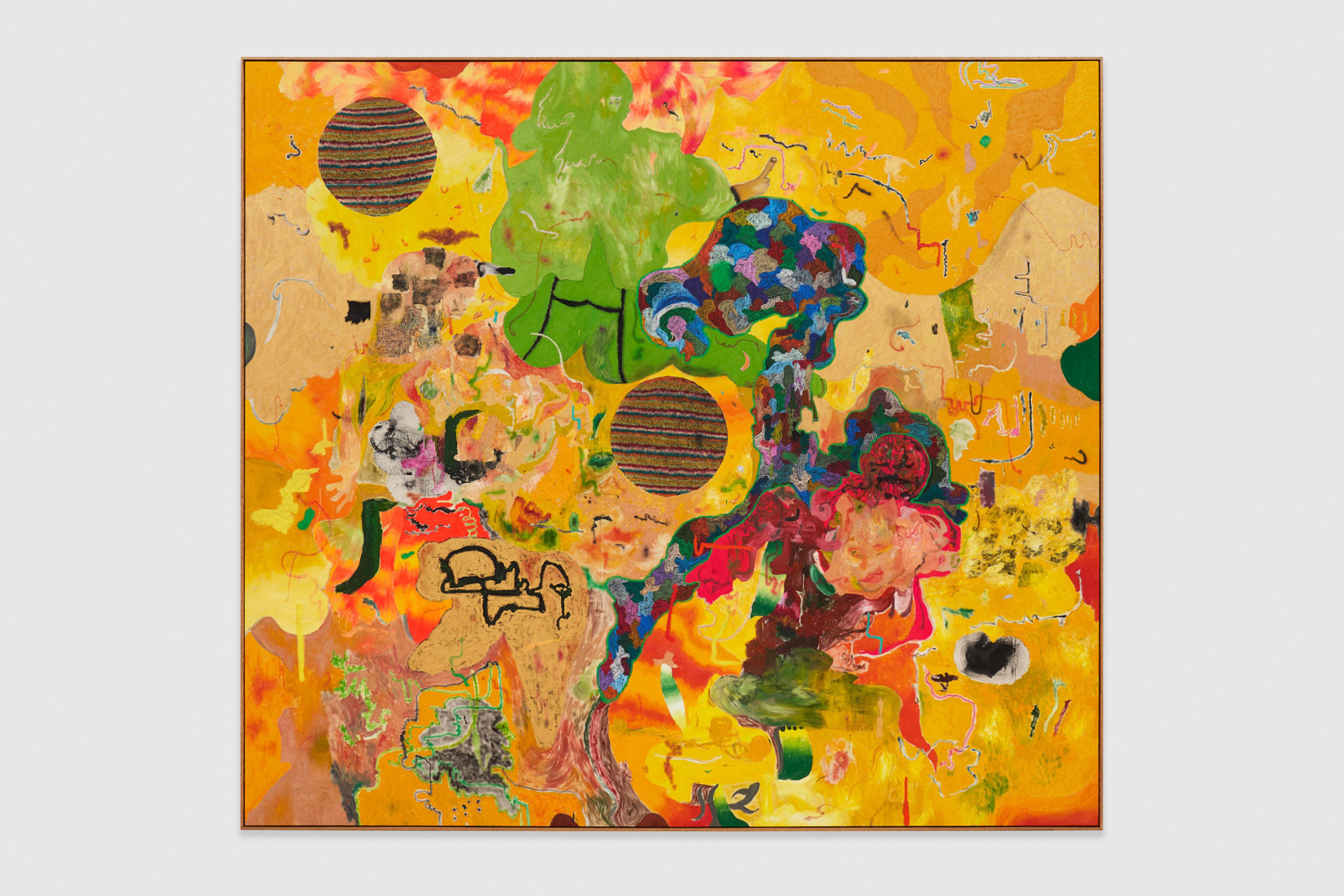 Michael Bauer Green Woman, Two Moons (Return to Ether Shelter), 2022 Oil, acrylic, and pastels on canvas 86 x 96 in (framed) 218.4 x 243.8 cm (framed) (MBA22.012)