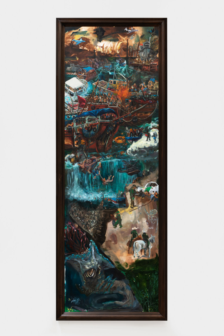 Celeste Dupuy-Spencer The shape of the rock that's hurling towards the sea, 2022 Oil on linen, framed 114 7/8 x 210 1/4 in (installed) 291.8 x 534 cm (installed) (CDS22.002)
