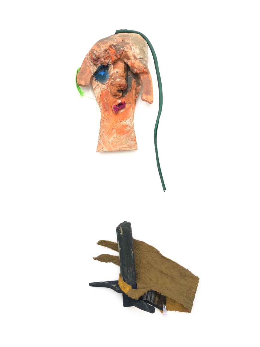 Blair Saxon-Hill, Pro, 2018. Rubber, fiber reinforced plaster, gouache, wood, foam, found sliced garden hose, microfiber towel, cement, towel, wood, 41 x 17 x 4 1/2 in 104.1 x 43.2 x 11.4 cm (BSH18.034)